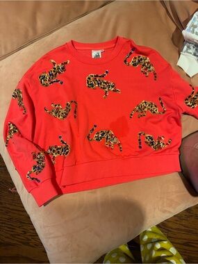 QUEEN OF SPARKLES Red Leopard Sequin Applique Sweatshirt